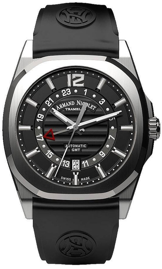 Armand Nicolet Tramelan J09 GMT Black Dial Automatic. A brand-new Armand Nicolet Tramelan watch featuring a Black dial and a Rubber strap. Angled view.