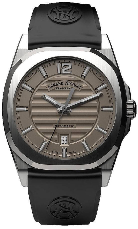 Armand Nicolet Tramelan J09 Grey Dial Automatic. A brand-new Armand Nicolet Tramelan watch featuring a Grey dial and a Rubber strap. Angled view.