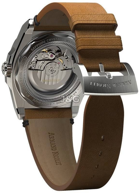 Armand Nicolet Tramelan J09 Automatic movement Blue Leather Male A660AAA-BU-PK4140CA.-.AN. A brand-new Armand Nicolet Tramelan watch featuring a Blue dial and a Leather strap. Side view. - view 2