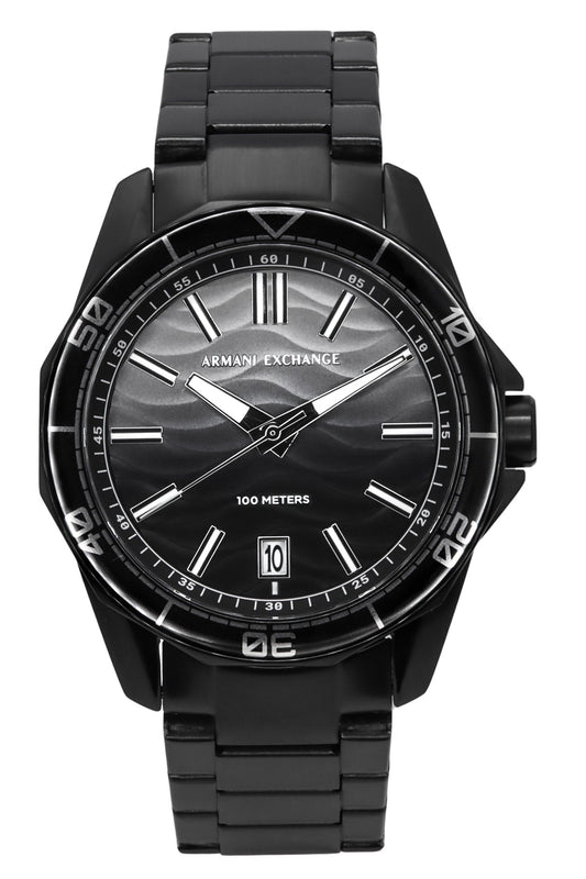 Armani Exchange Black Stainless Steel Grey Dial Quartz 100M. A brand-new Armani Exchange watch featuring a Grey dial and a Stainless steel strap. Side view.