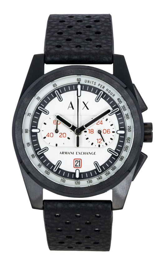 Armani Exchange Chronograph Rubber Strap Grey Dial Quartz. A brand-new Armani Exchange watch featuring a Grey dial and a Rubber strap. Side view.
