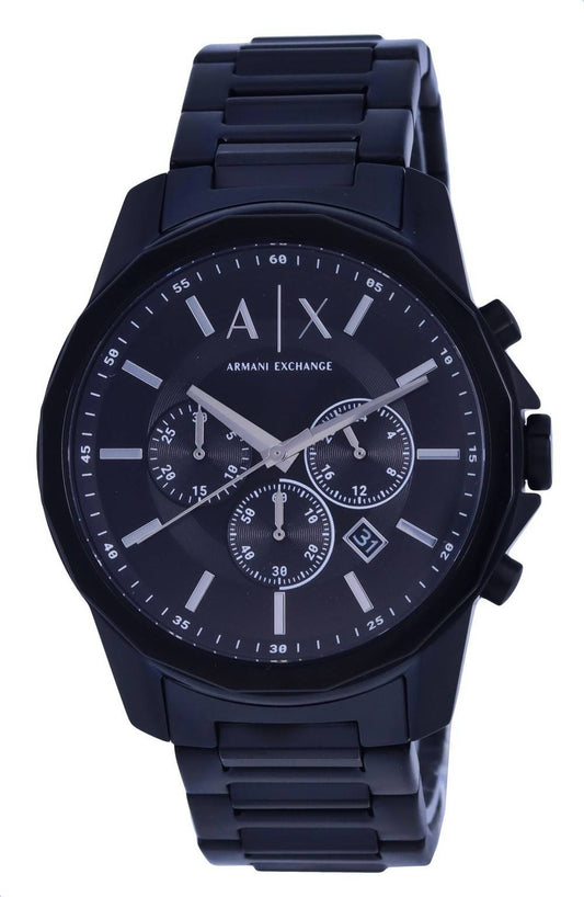 Armani Exchange Chronograph Stainless Steel Black Dial. A brand-new Armani Exchange watch featuring a Black dial and a Stainless steel strap. Front view.