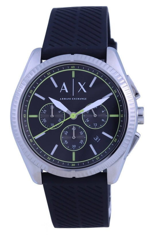 Armani Exchange Giacomo Chronograph Black Dial Quartz. A brand-new Armani Exchange Giacomo watch featuring a Black dial and a Silicone strap. Front view.