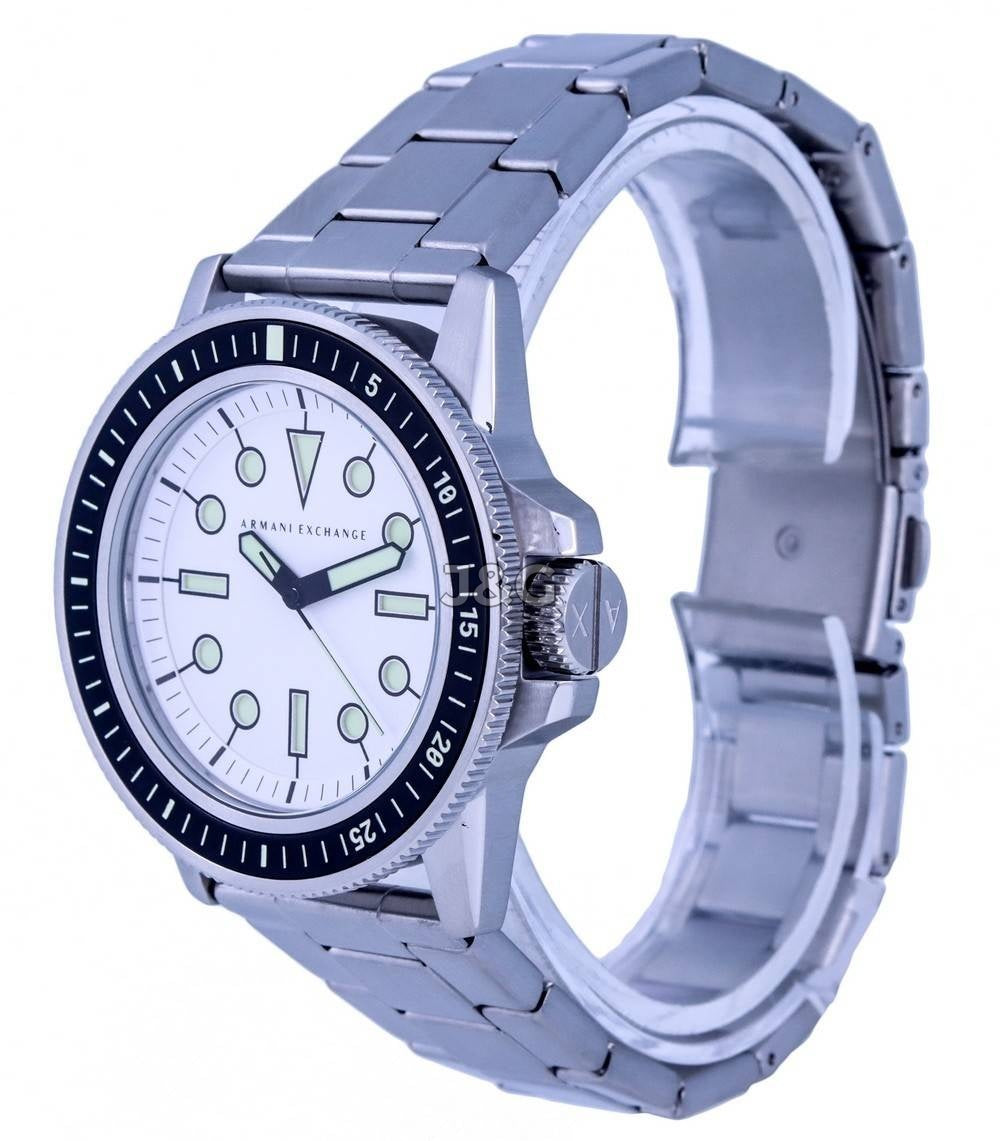 Armani Exchange Deployment clasp White Stainless steel Male AX1853. A brand-new Armani Exchange watch featuring a White dial and a Stainless steel strap. Front view. - view 3