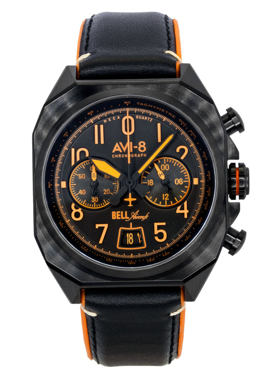 AVI-8 Bell X-1 Machbuster Chronograph Super Sonic Black. A brand-new AVI-8 Bell X-1 Machbuster watch featuring a Black dial and a Leather strap. Side view.