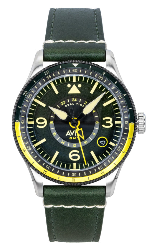 AVI-8 Flyboy Airmaster GMT Fuselage Green Leather Strap. A brand-new AVI-8 Flyboy watch featuring a Green dial and a Leather strap. Angled view.