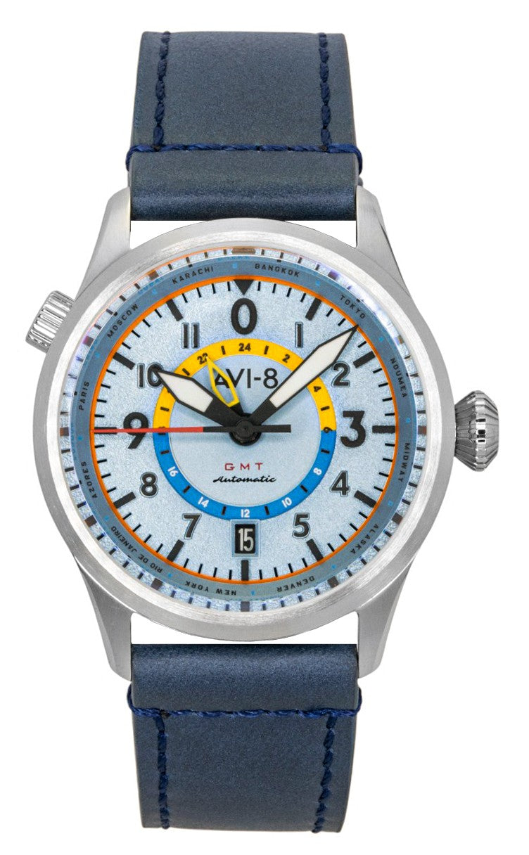 AVI-8 Flyboy Wingman Worldtimer GMT Leather Strap Power. A brand-new AVI-8 Flyboy watch featuring a Blue dial and a Leather strap. Front view.