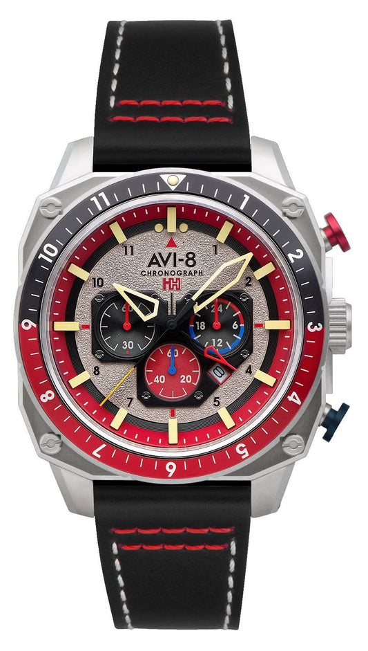 AVI-8 Hawker Hunter Atlas Dual Time Chronograph Hazard Red. A brand-new AVI-8 Hawker watch featuring a Leather strap. Angled view.