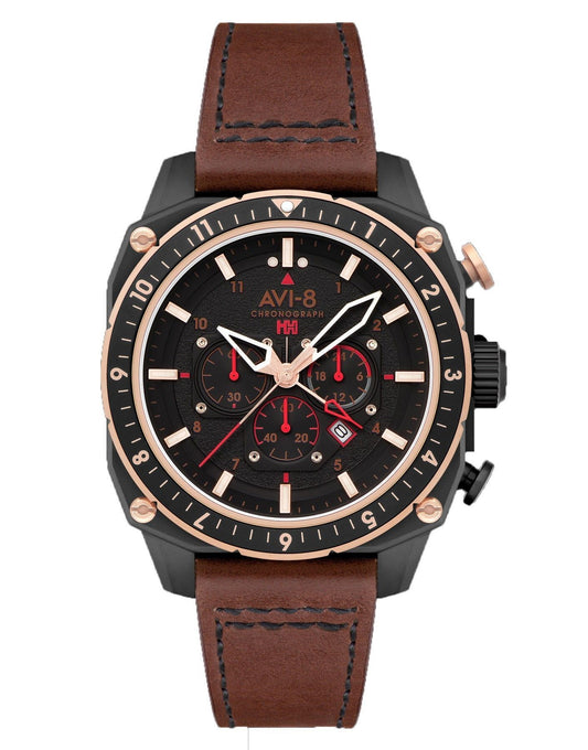 AVI-8 Hawker Hunter Atlas Dual Time Chronograph Jade Black. A brand-new AVI-8 Hawker watch featuring a Black dial. Side view.