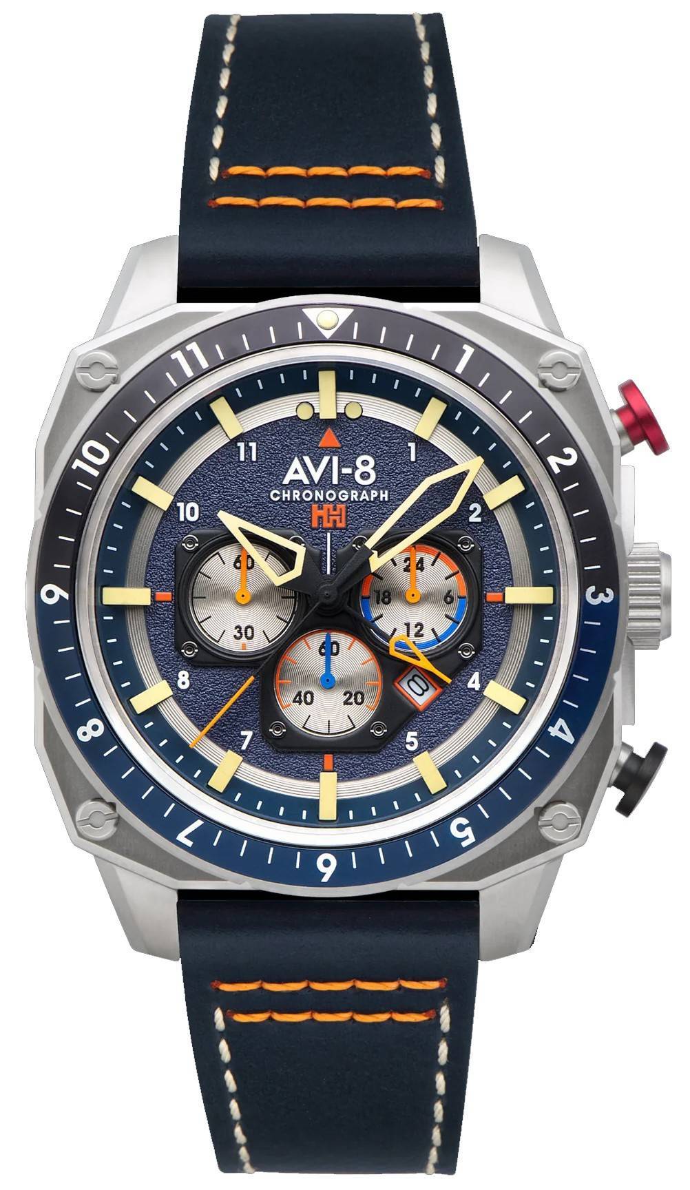 AVI-8 Hawker Hunter Atlas Dual Time Chronograph Pavillion. A brand-new AVI-8 Hawker watch featuring a Leather strap. Front view.