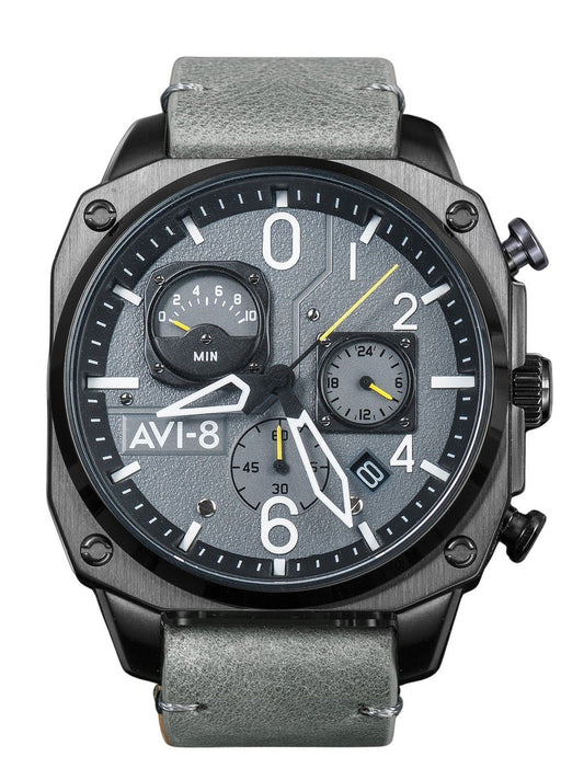 AVI-8 Hawker Hunter Retrograde Chronograph Sea Grey Dial. A brand-new AVI-8 Hawker watch featuring a Grey dial. Front view.