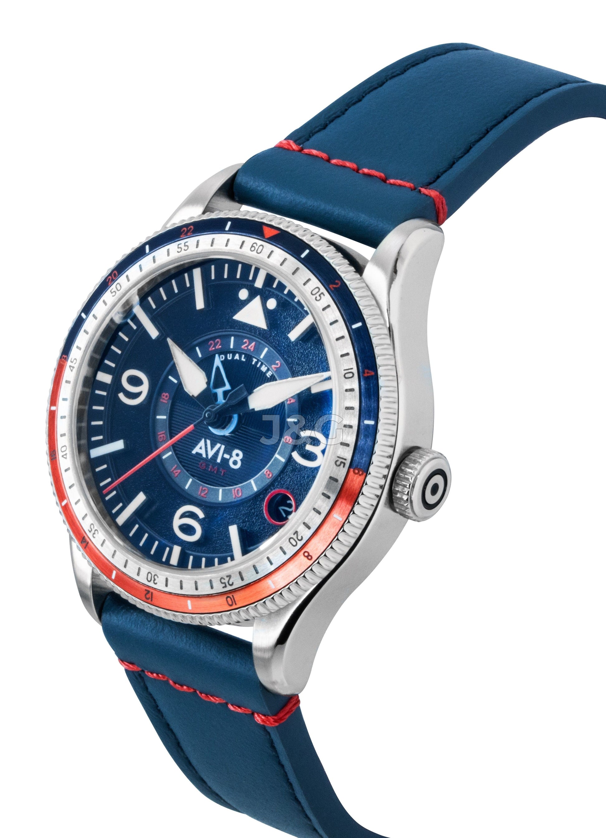 AVI-8 Flyboy Airmaster Automatic movement Blue Leather Male AV-4128-04. A brand-new AVI-8 Flyboy watch featuring a Blue dial and a Leather strap. Angled view. - view 3