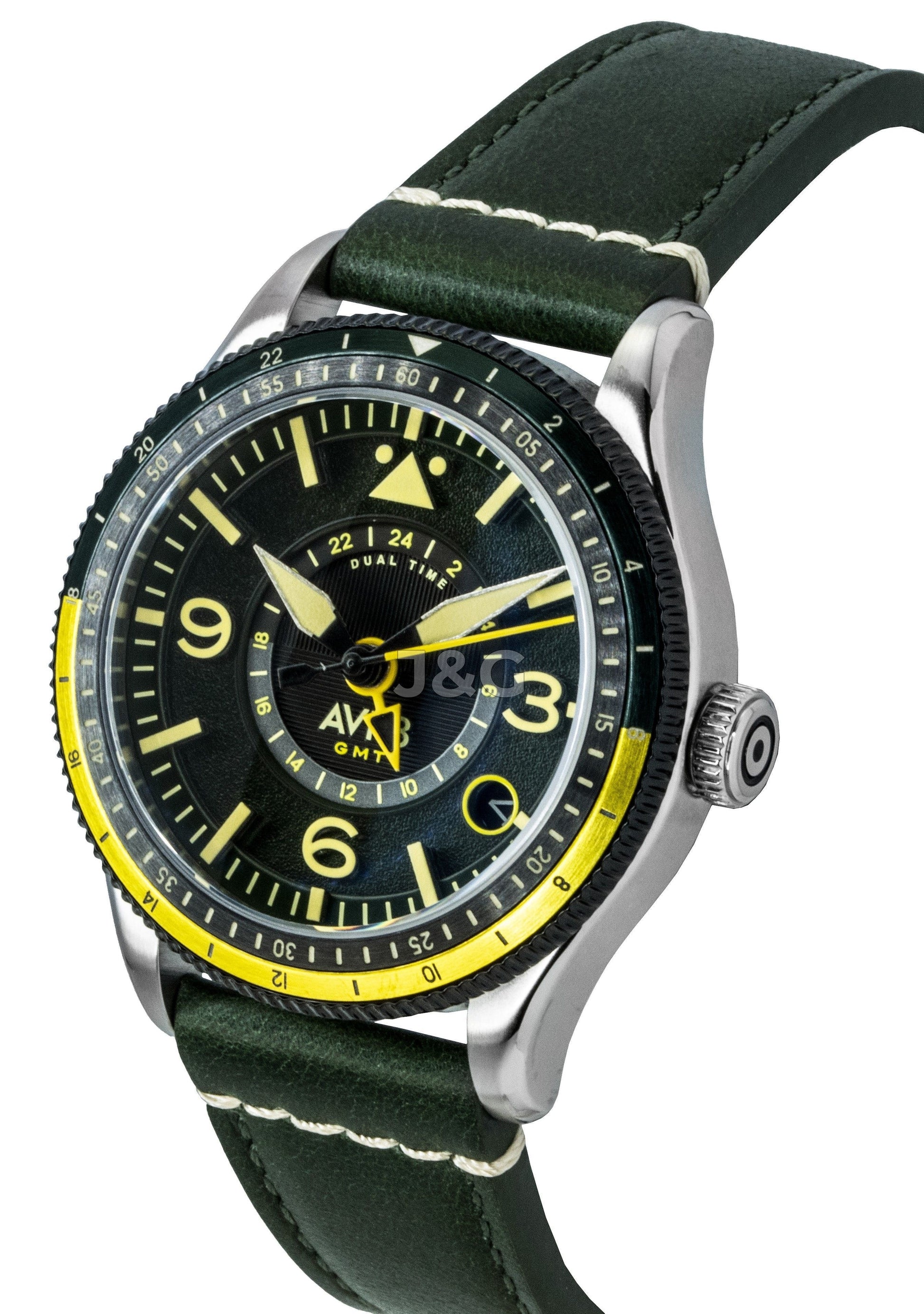 AVI-8 Flyboy Airmaster Automatic movement Green Leather Male AV-4128-03. A brand-new AVI-8 Flyboy watch featuring a Green dial and a Leather strap. Side view. - view 3