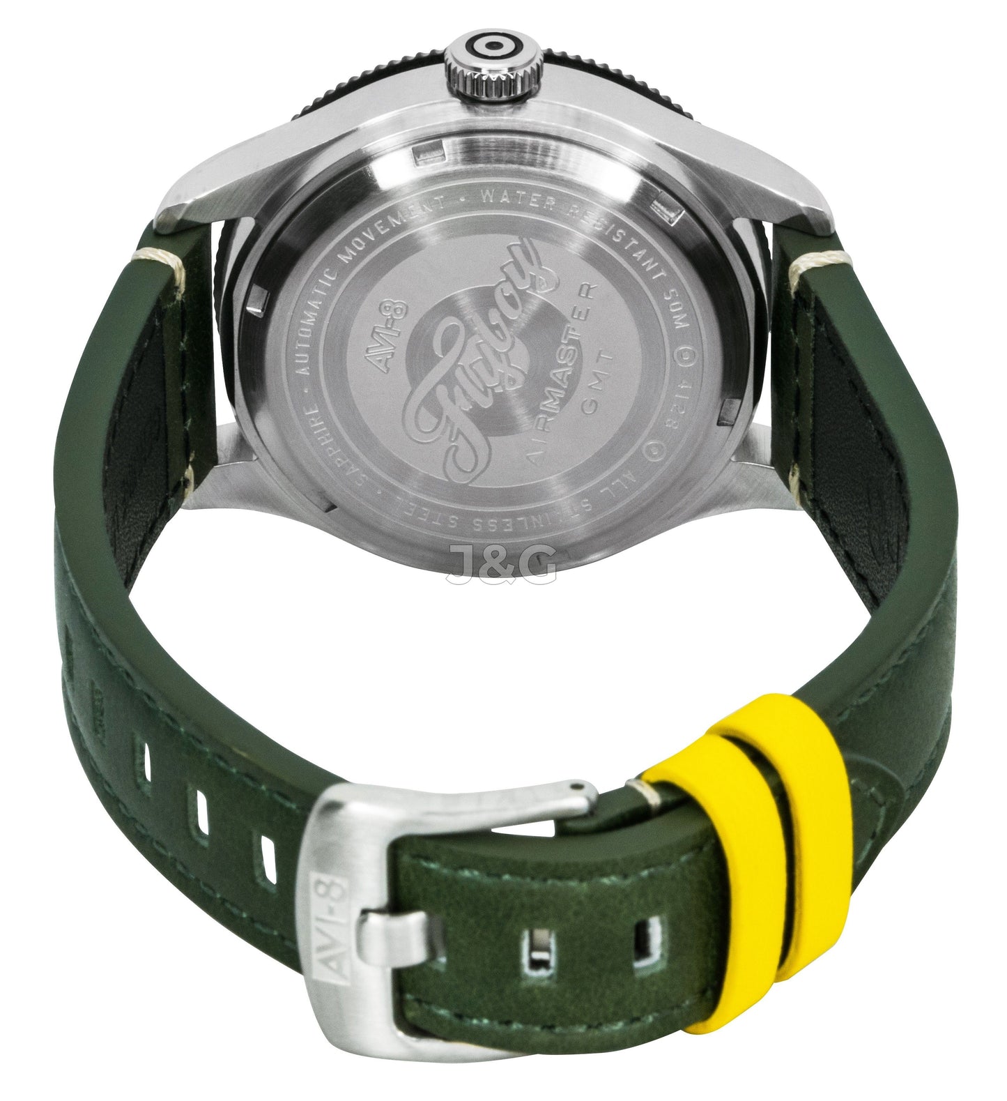 AVI-8 Flyboy Airmaster Automatic movement Green Leather Male AV-4128-03. A brand-new AVI-8 Flyboy watch featuring a Green dial and a Leather strap. Side view. - view 4