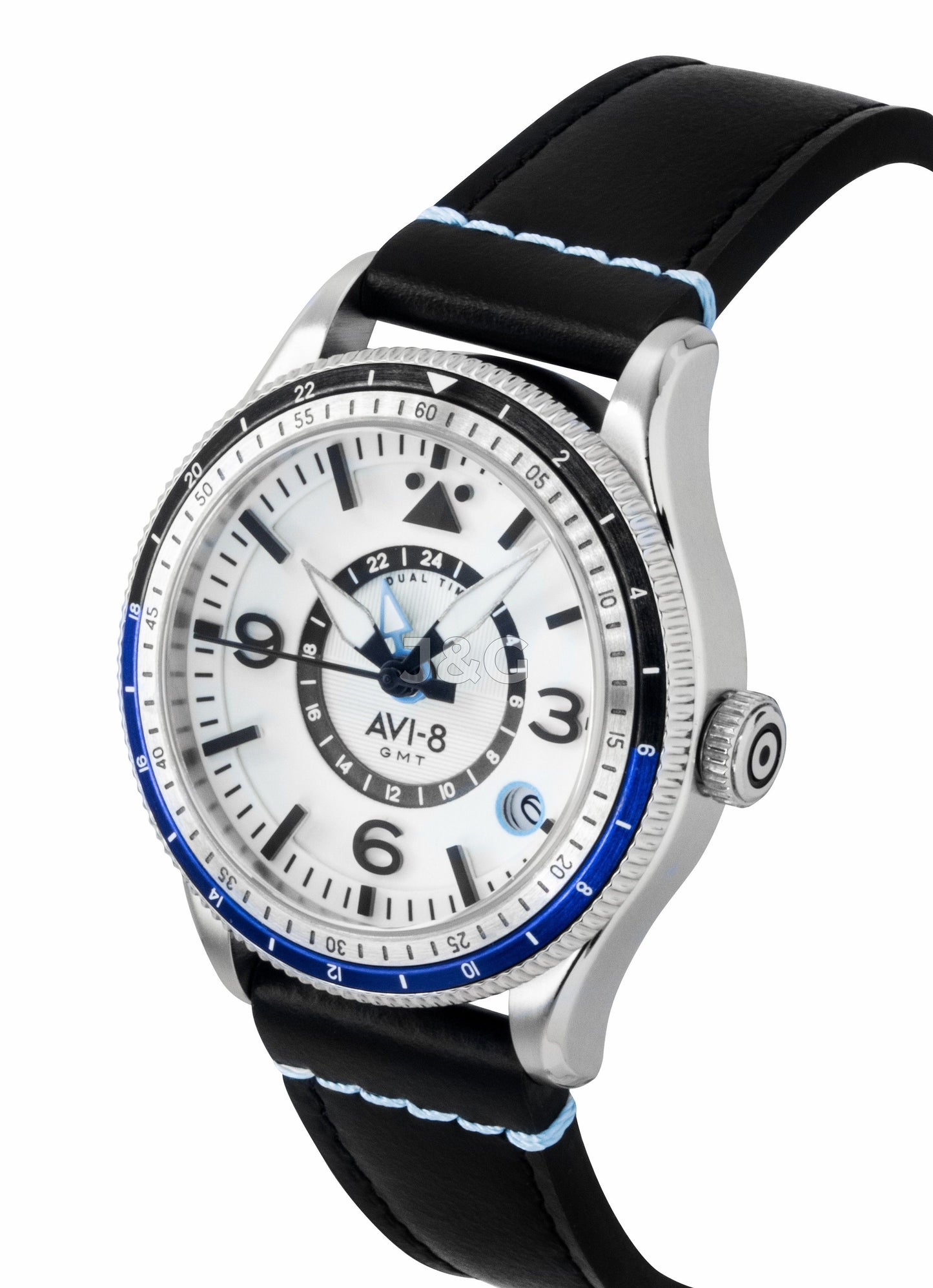 AVI-8 Flyboy Airmaster Automatic movement White Leather Male AV-4128-02. A brand-new AVI-8 Flyboy watch featuring a White dial and a Leather strap. Angled view. - view 3