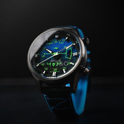 AVI-8 Hawker Harrier Automatic movement Blue Leather Male AV-4117-01. A brand-new AVI-8 Hawker watch featuring a Blue dial and a Leather strap. Angled view. - view 2