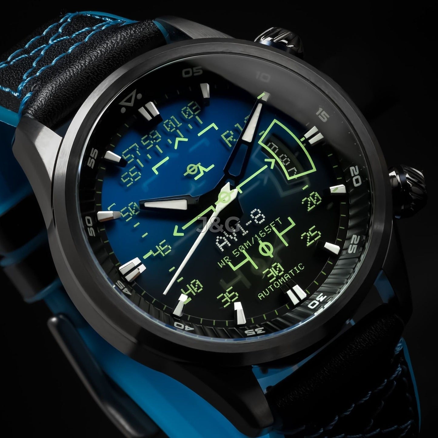 AVI-8 Hawker Harrier Automatic movement Blue Leather Male AV-4117-01. A brand-new AVI-8 Hawker watch featuring a Blue dial and a Leather strap. Angled view. - view 4