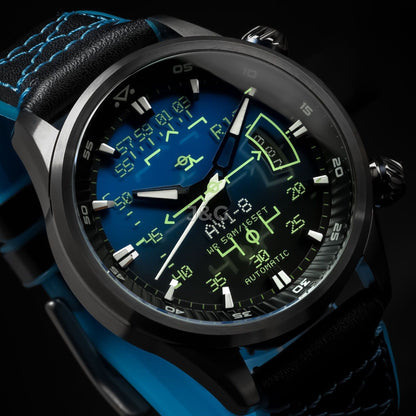 AVI-8 Hawker Harrier Automatic movement Blue Leather Male AV-4117-01. A brand-new AVI-8 Hawker watch featuring a Blue dial and a Leather strap. Angled view. - view 4