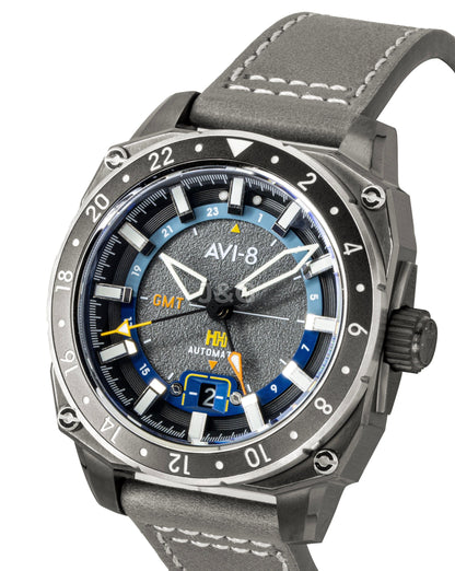 AVI-8 Hawker Hunter Automatic movement Grey Leather Male AV-4122-04. A brand-new AVI-8 Hawker watch featuring a Grey dial and a Leather strap. Side view. - view 3