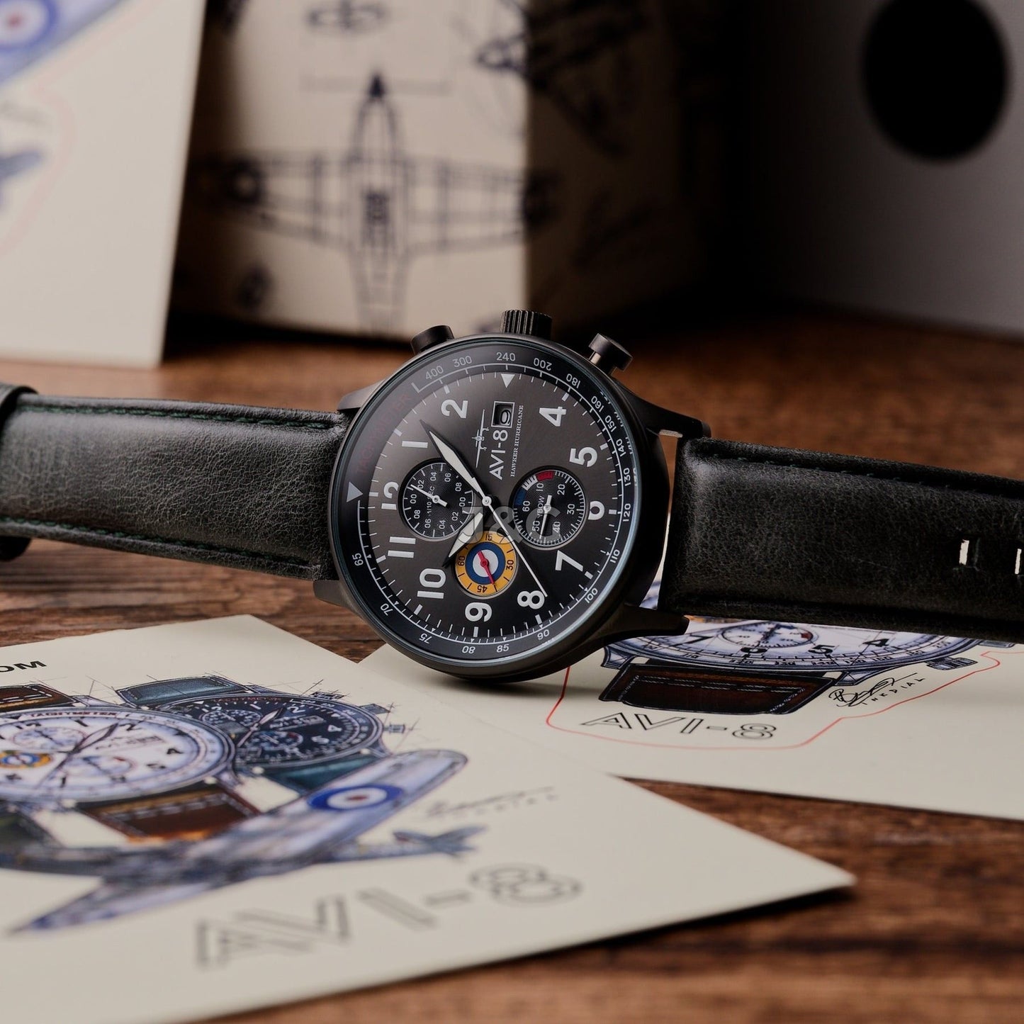 AVI-8 Hawker Hurricane Date display White Leather Male AV-4011-0D. A brand-new AVI-8 Hawker watch featuring a White dial and a Leather strap. Side view. - view 2