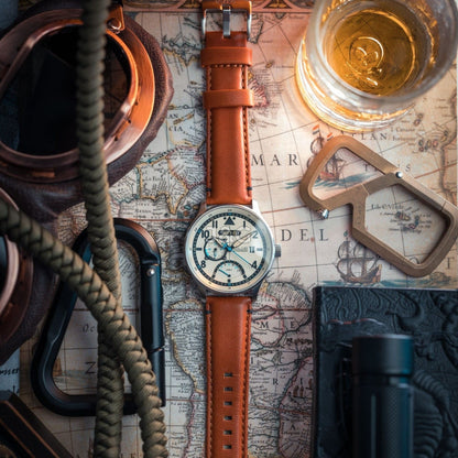 AVI-8 Hawker Hurricane Quartz movement White Leather Male AV-4101-0C. A brand-new AVI-8 Hawker watch featuring a White dial and a Leather strap. Side view. - view 5