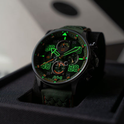 AVI-8 Hawker Luminous hands Green Leather Male AV-4093-0D. A brand-new AVI-8 Hawker watch featuring a Green dial and a Leather strap. Side view. - view 2