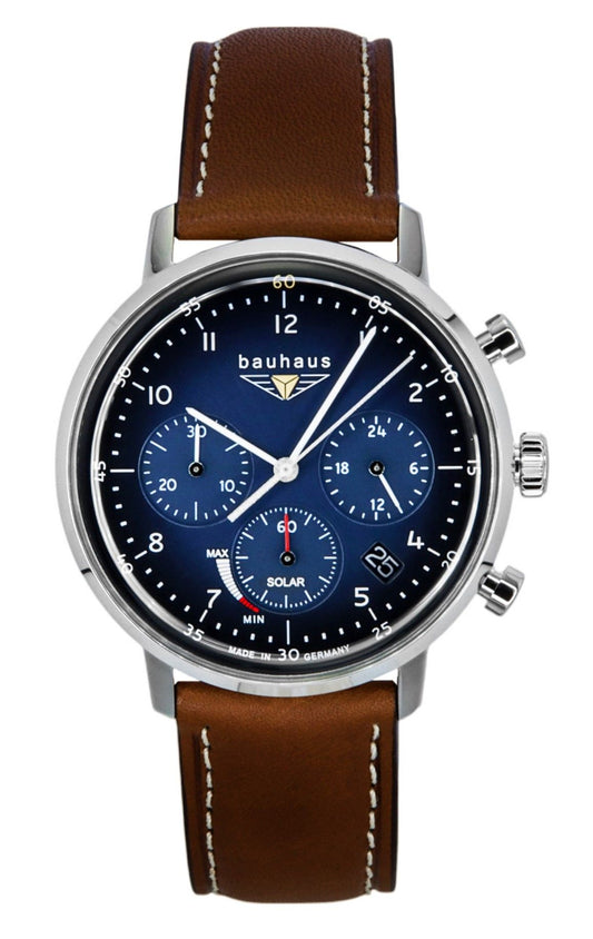 Bauhaus Chronograph Leather Strap Blue Dial Solar 20863 Wo. A brand-new Bauhaus Chronograph watch featuring a Blue dial and a Leather strap. Front view.