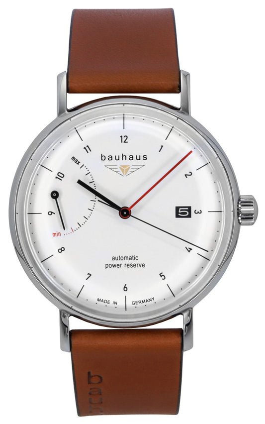 Bauhaus Classic Brown Leather Strap White Dial Automatic. A brand-new Bauhaus Classic watch featuring a White dial and a Leather strap. Side view.