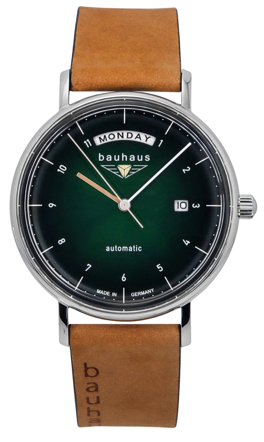 Bauhaus Classic Leather Strap Dark Green Dial Automatic. A brand-new Bauhaus Classic watch featuring a Dark Green dial and a Leather strap. Side view.