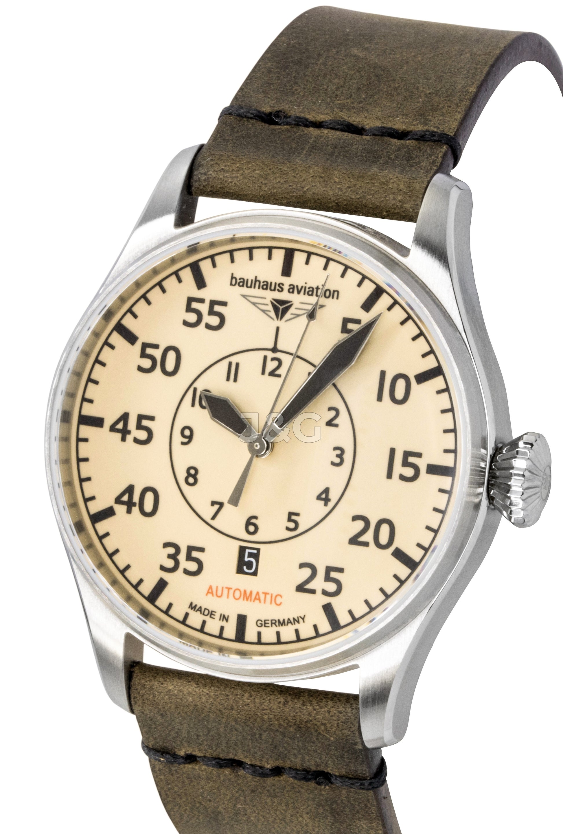 Bauhaus Aviation Automatic movement Beige Leather Male BA-27565. A brand-new Bauhaus Aviation watch featuring a Beige dial and a Leather strap. Angled view. - view 3