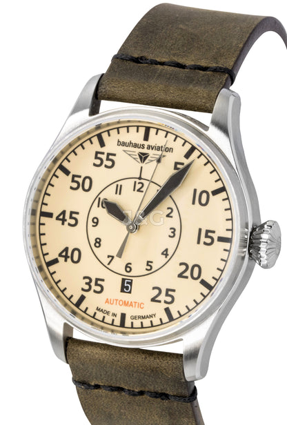Bauhaus Aviation Automatic movement Beige Leather Male BA-27565. A brand-new Bauhaus Aviation watch featuring a Beige dial and a Leather strap. Angled view. - view 3