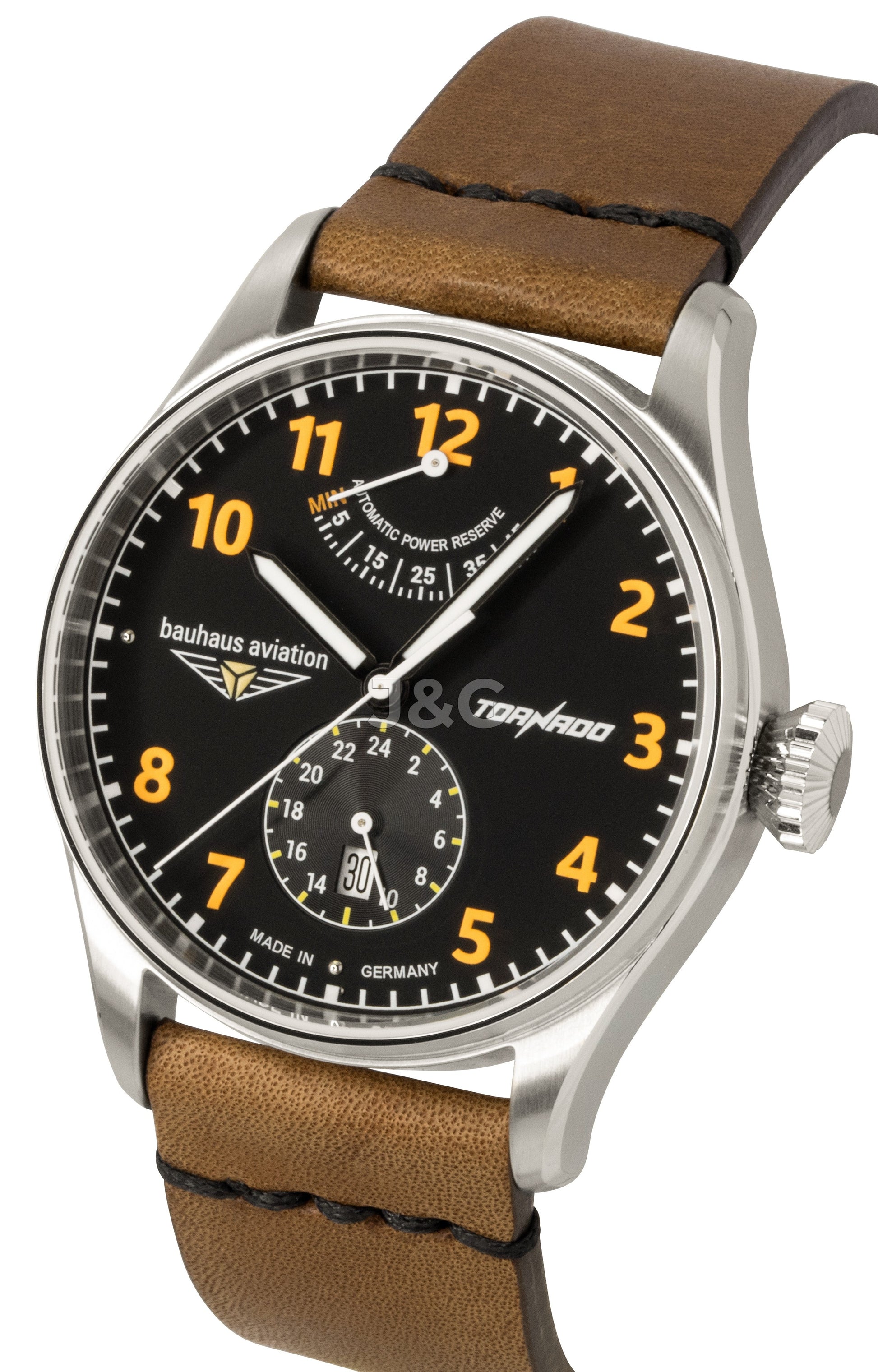 Bauhaus Aviation Automatic movement Black Leather Male BA-27905. A brand-new Bauhaus Aviation watch featuring a Black dial and a Leather strap. Angled view. - view 3