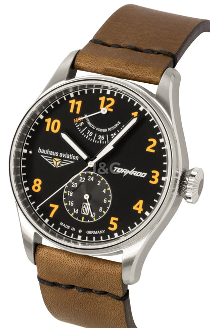 Bauhaus Aviation Automatic movement Black Leather Male BA-27905. A brand-new Bauhaus Aviation watch featuring a Black dial and a Leather strap. Angled view. - view 3
