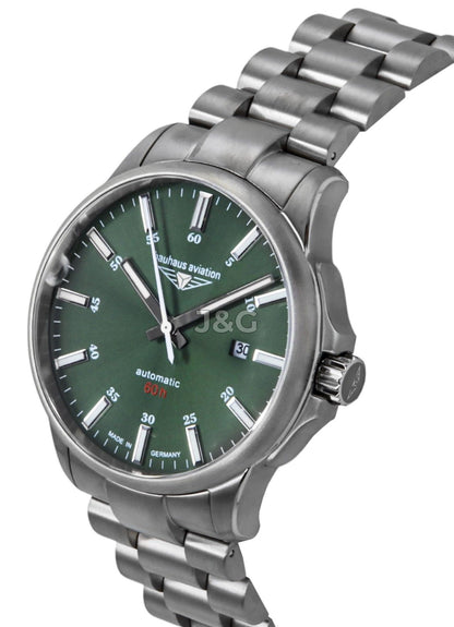 Bauhaus Aviation Automatic movement Dark Green Leather Male BA-2864M4. A brand-new Bauhaus Aviation watch featuring a Dark Green dial and a Leather strap. Front view. - view 3