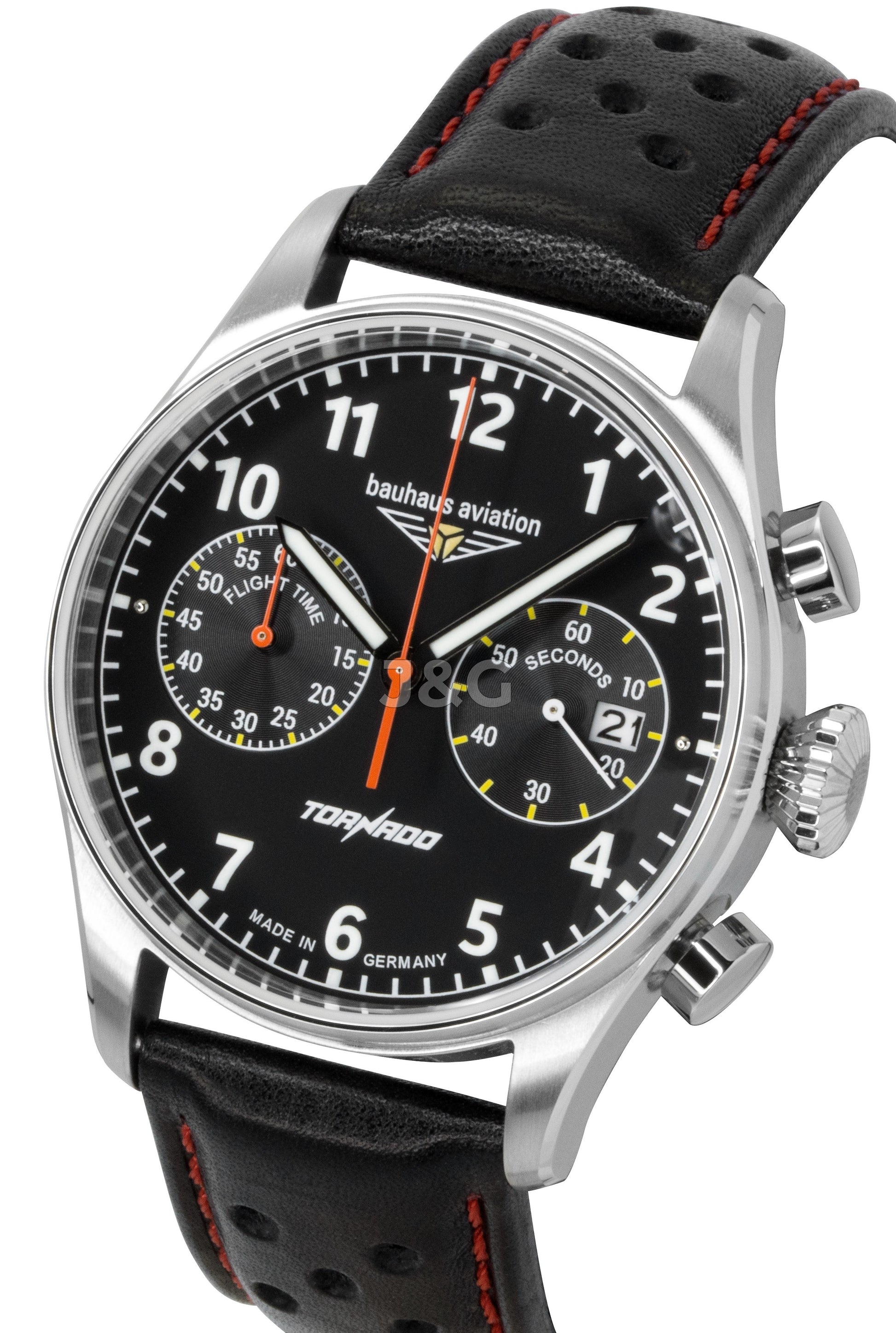 Bauhaus Chronograph Quartz movement Black Leather Male BA-27702. A brand-new Bauhaus Chronograph watch featuring a Black dial and a Leather strap. Angled view. - view 3