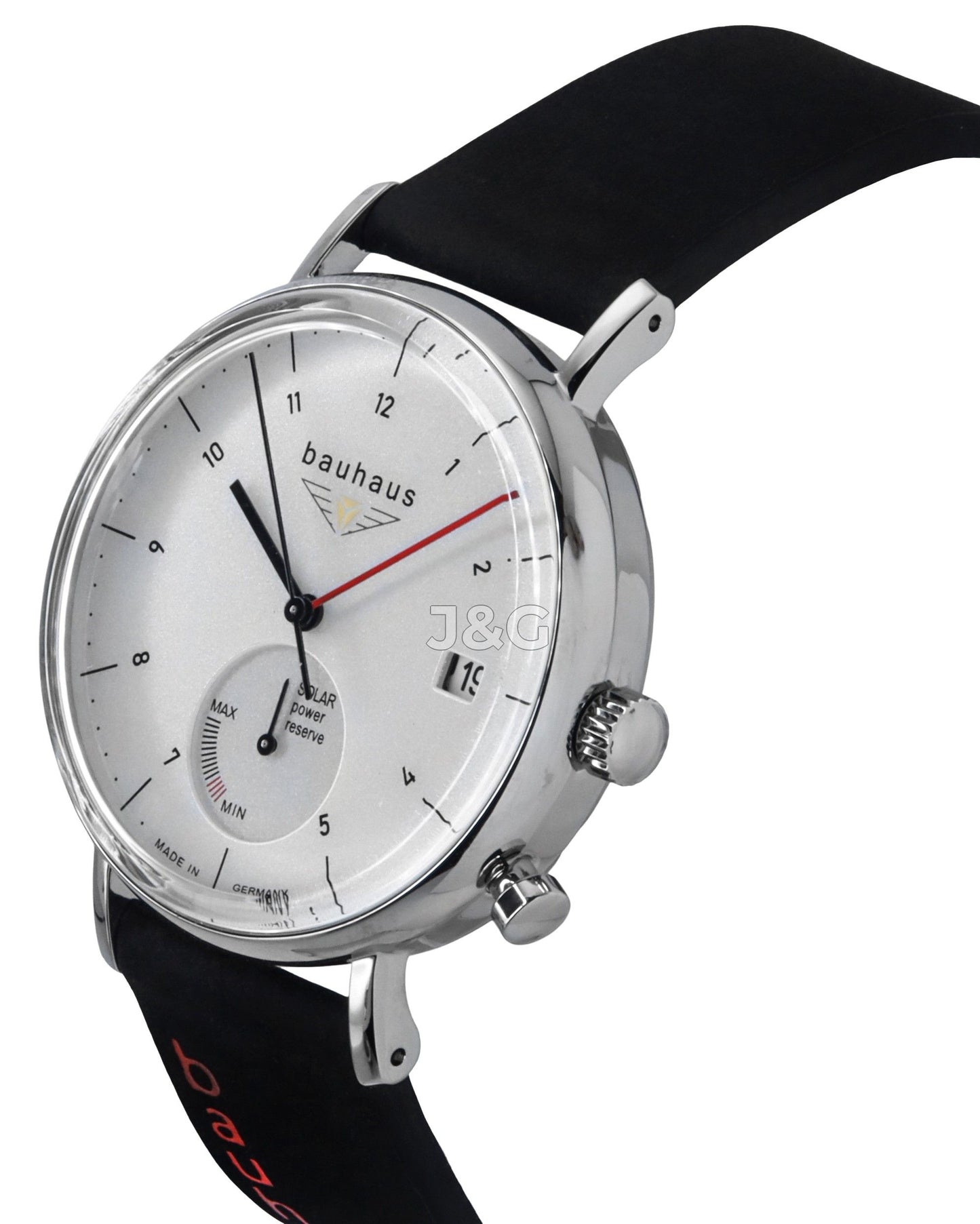 Bauhaus Classic Solar powered White Leather Male BA-21121. A brand-new Bauhaus Classic watch featuring a White dial and a Leather strap. Side view. - view 2