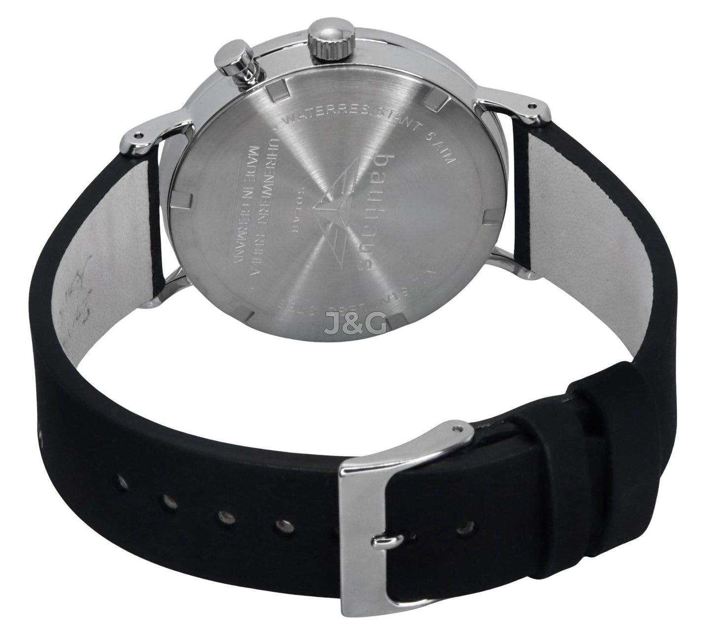 Bauhaus Classic Solar powered White Leather Male BA-21121. A brand-new Bauhaus Classic watch featuring a White dial and a Leather strap. Side view. - view 3