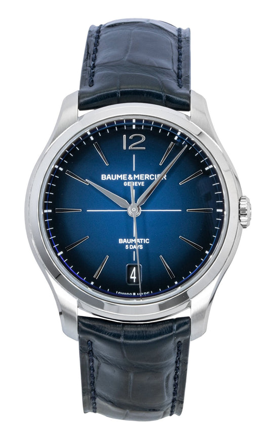 Baume & Mercier Clifton Leather Strap Blue Dial Automatic. A brand-new Baume & Mercier watch featuring a Blue dial and a Leather strap. Angled view.