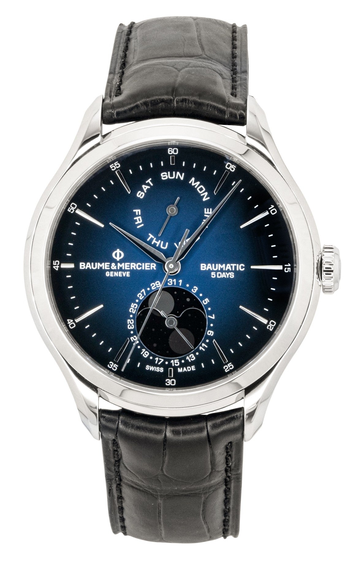 Baume & Mercier Clifton Leather Strap Moon phase Blue Dial. A brand-new Baume & Mercier watch featuring a Blue dial and a Leather strap. Side view.