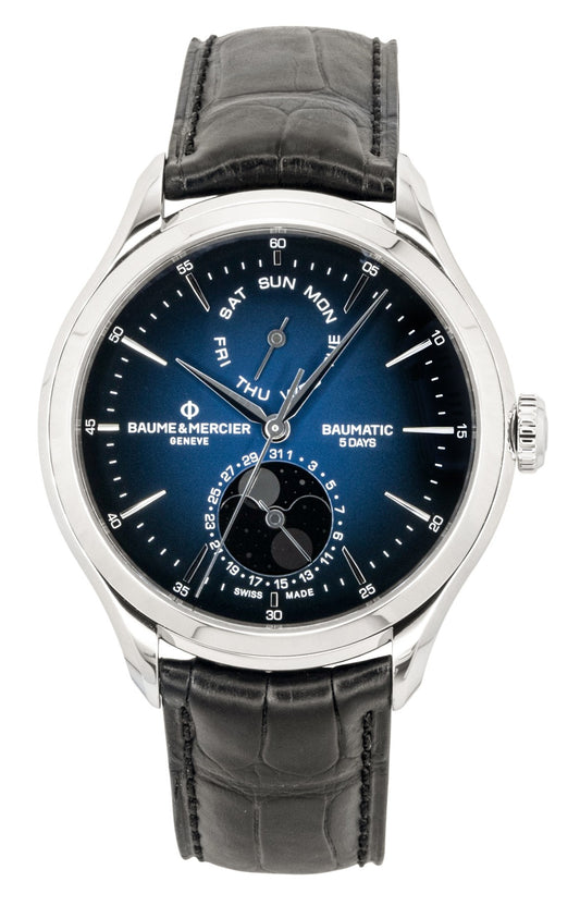 Baume & Mercier Clifton Leather Strap Moon phase Blue Dial. A brand-new Baume & Mercier watch featuring a Blue dial and a Leather strap. Side view.