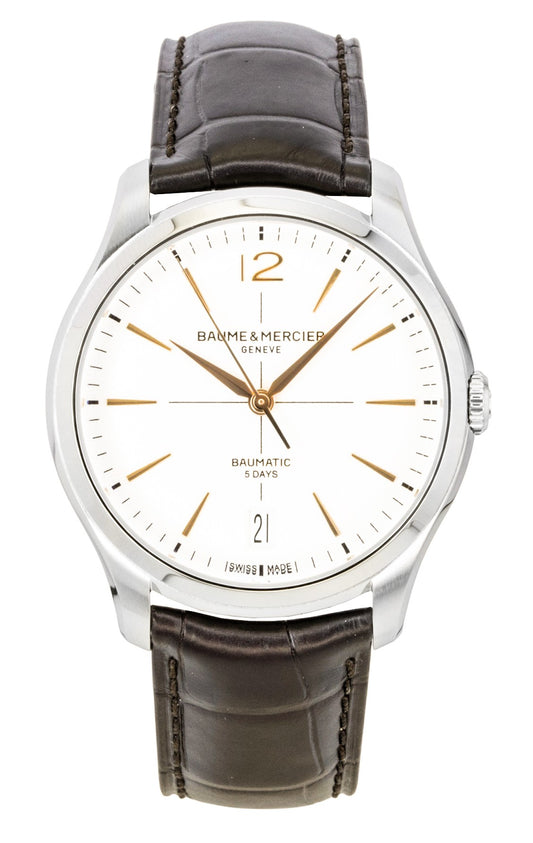 Baume & Mercier Clifton Leather Strap Off White Dial. A brand-new Baume & Mercier watch featuring a White dial and a Leather strap. Front view.