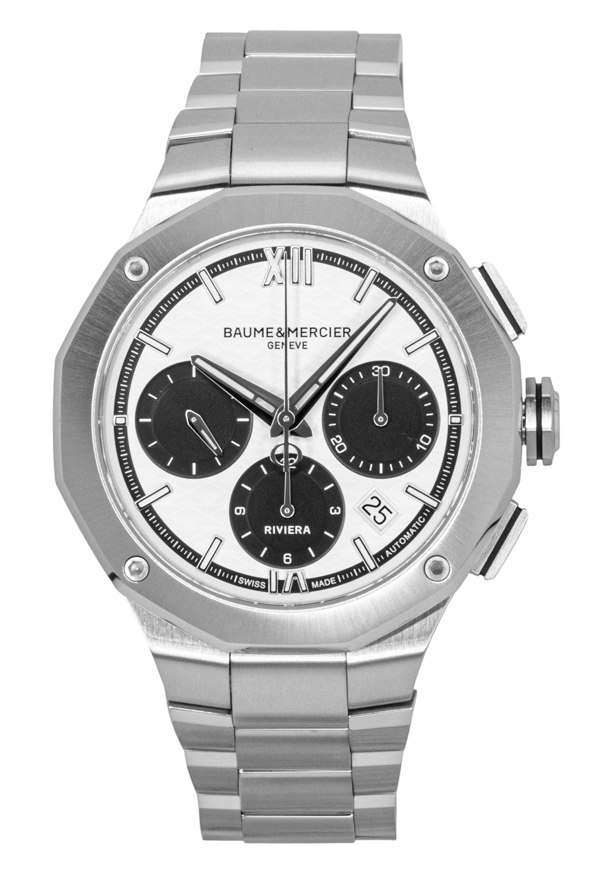 Baume & Mercier Riviera Chronograph Stainless Steel White. A brand-new Baume & Mercier watch featuring a White dial and a Stainless steel strap. Side view.
