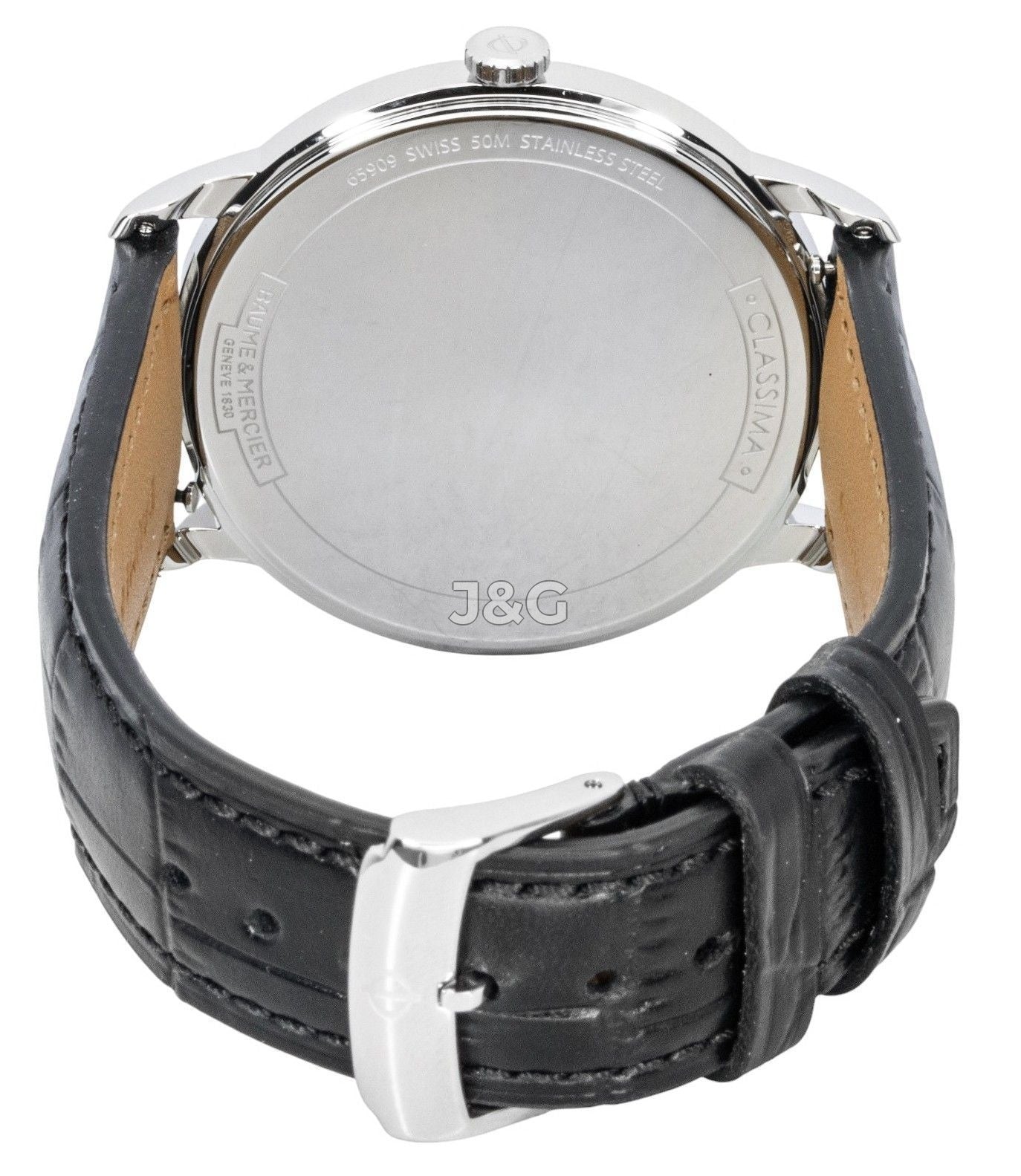 Baume & Mercier Date display Black Leather Male M0A10416. A brand-new Baume & Mercier watch featuring a Black dial and a Leather strap. Angled view. - view 3