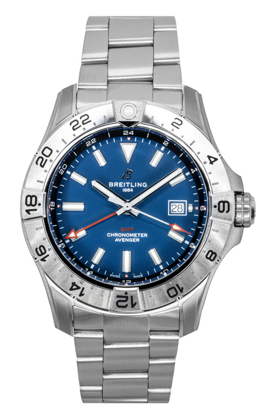 Breitling Avenger GMT Stainless Steel Blue Dial Automatic. A brand-new Breitling Avenger watch featuring a Blue dial and a Stainless steel strap. Angled view.