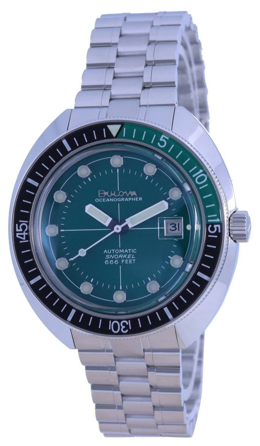 Bulova 70’s Oceanographer Archive Devil Special Edition. A brand-new Bulova Oceanographer watch featuring a Stainless steel strap. Front view.