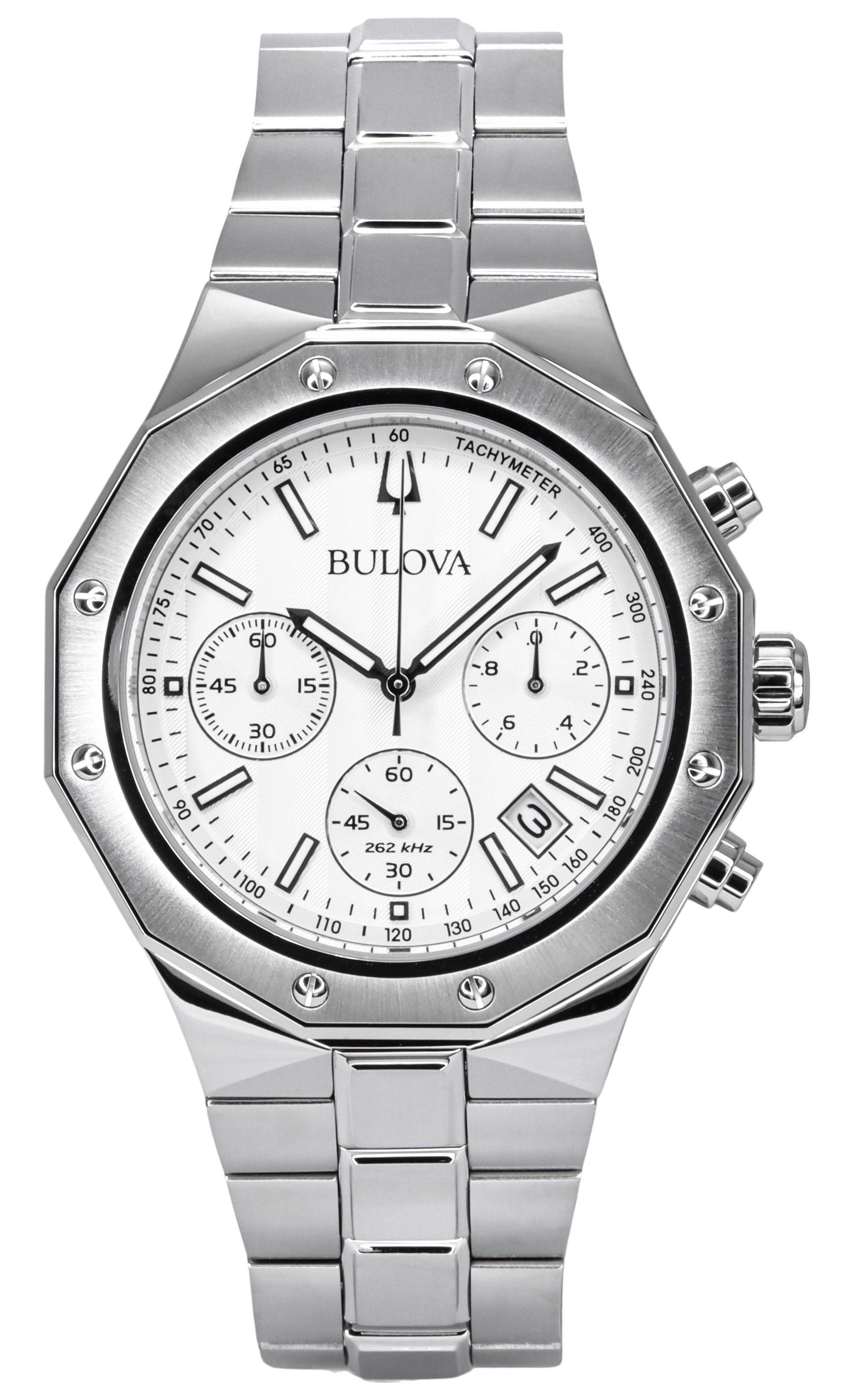 Bulova Classic Precisionist Chronograph Stainless Steel. A brand-new Bulova Classic watch featuring a Silver dial and a Stainless steel strap. Angled view.