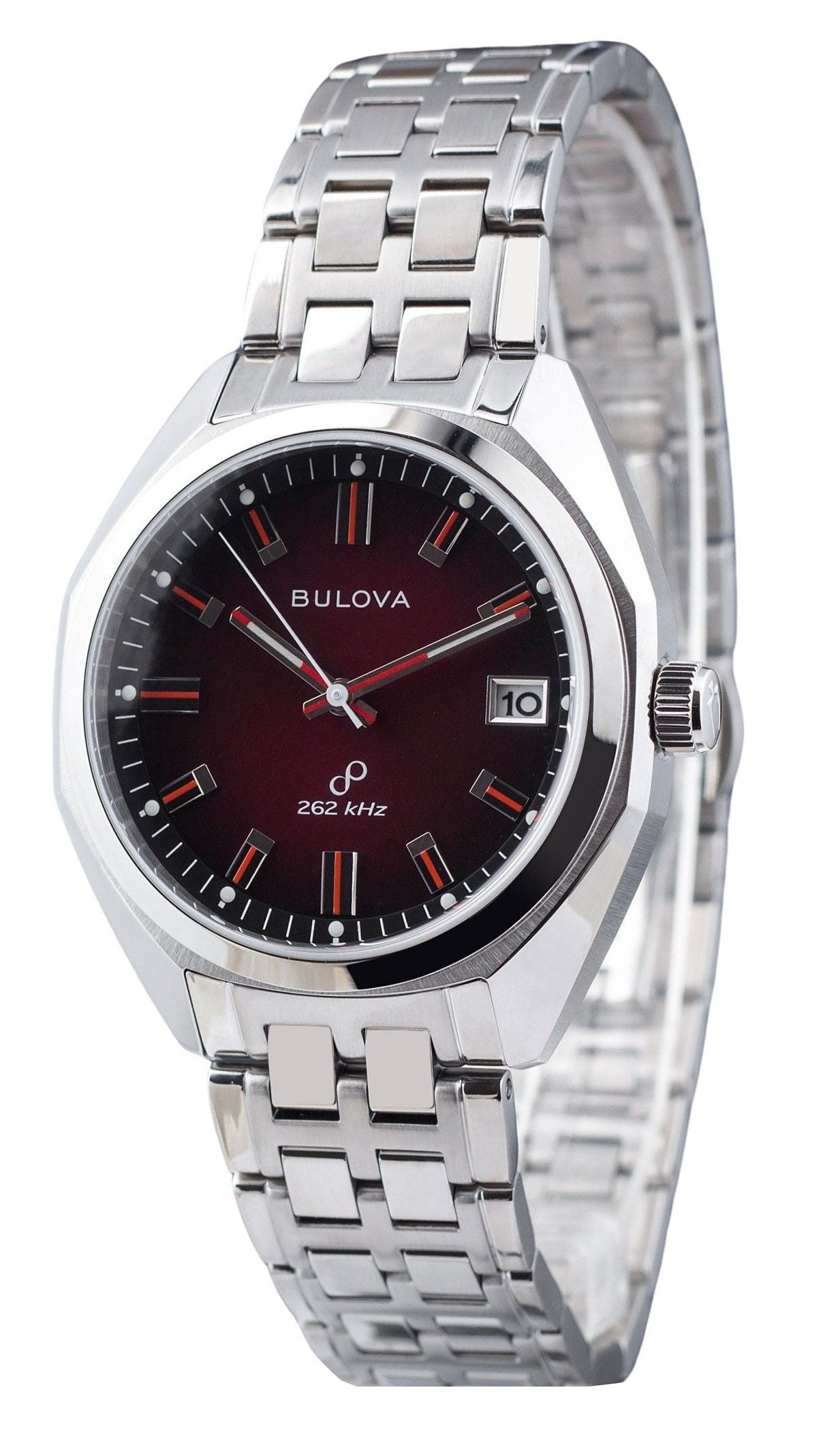 Bulova Classic Precisionist Jet Star Stainless Steel Red. A brand-new Bulova Classic watch featuring a Red dial and a Stainless steel strap. Side view.
