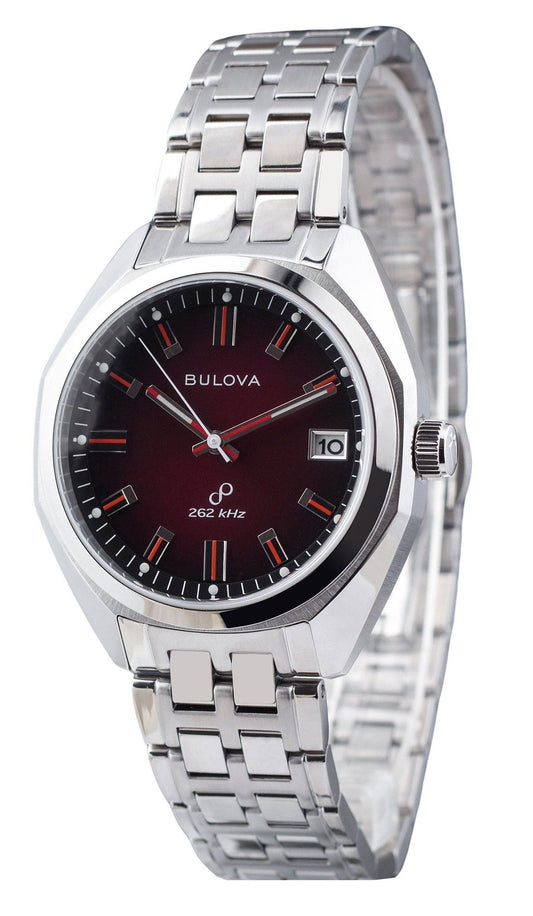 Bulova Classic Precisionist Jet Star Stainless Steel Red. A brand-new Bulova Classic watch featuring a Red dial and a Stainless steel strap. Side view.