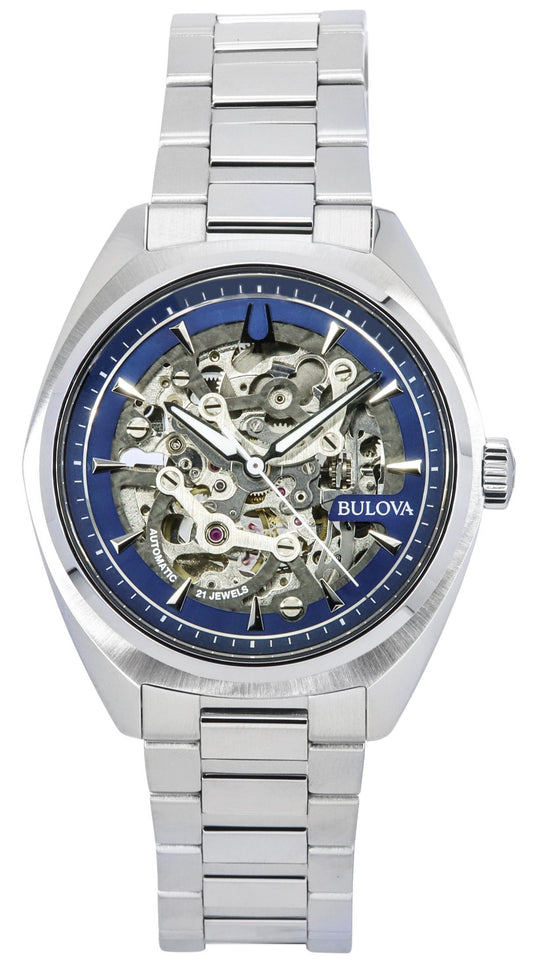 Bulova Classic Surveyor Stainless Steel Blue Skeleton Dial. A brand-new Bulova Classic watch featuring a Stainless steel strap. Angled view.