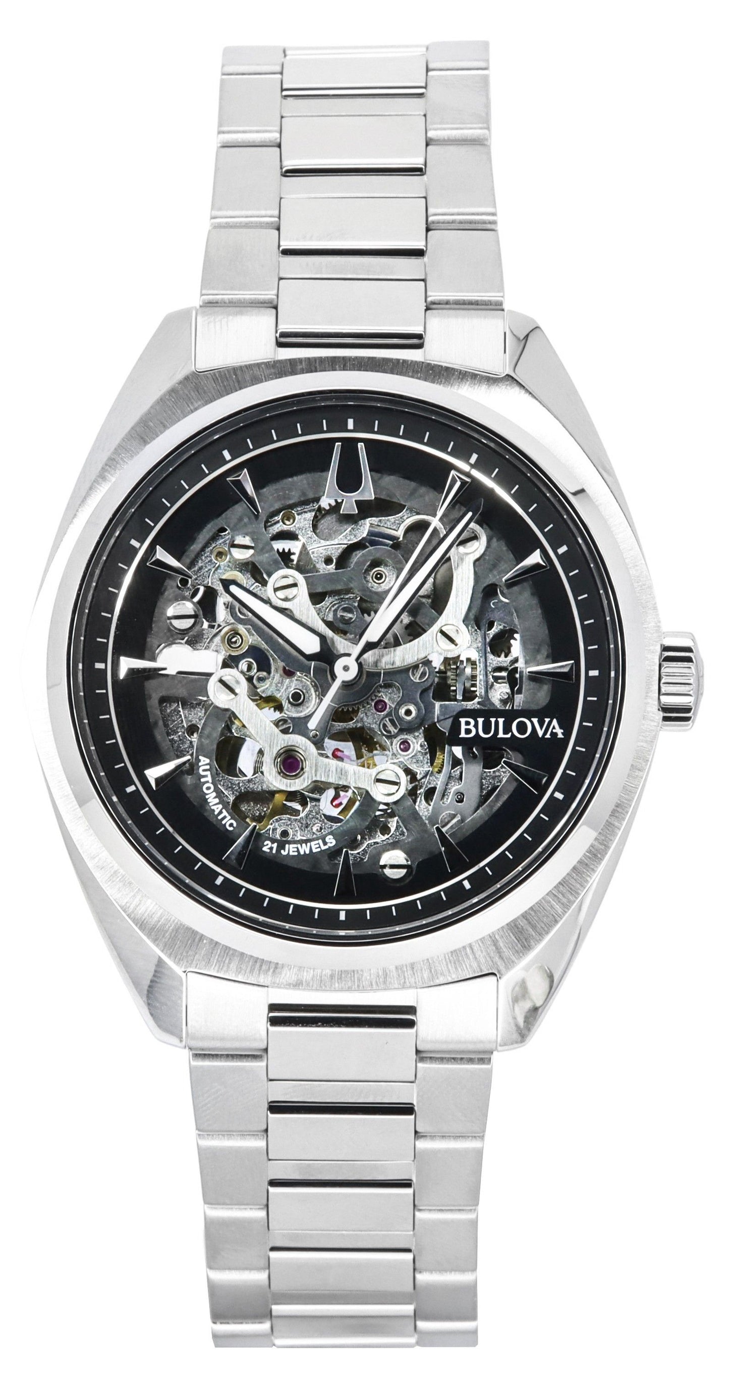 Bulova Classic Surveyor Stainless Steel Silver Skeleton. A brand-new Bulova Classic watch featuring a Silver Skeleton dial and a Stainless steel strap. Angled view.